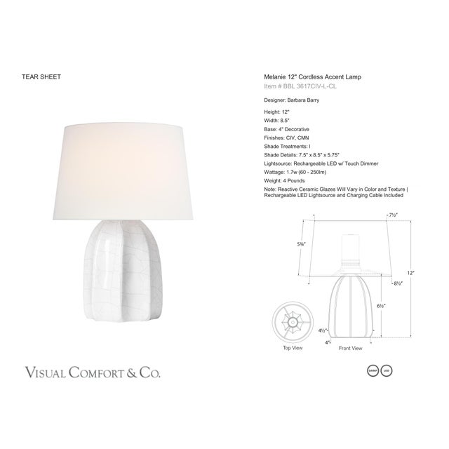 Barbara Barry by Visual Comfort Signature Melanie 12" Cordless Accent Lamp in Crackled Ivory with Linen Shade Designer:...