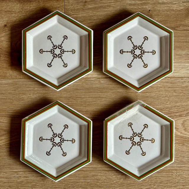 Rare Vintage 1970s Gucci Horsebit Porcelain Hexagon 4 Plate Set in Leather Case This is quite the Gucci unicorn. Stunning...