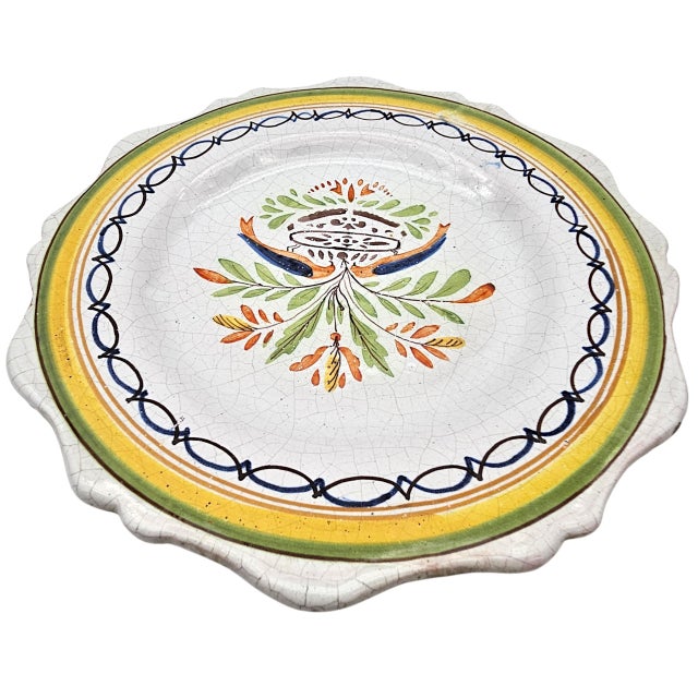 19th-Century French Provincial Faience Hand-Painted Scalloped Plate, Folk Bouquet For Sale - Image 4 of 11