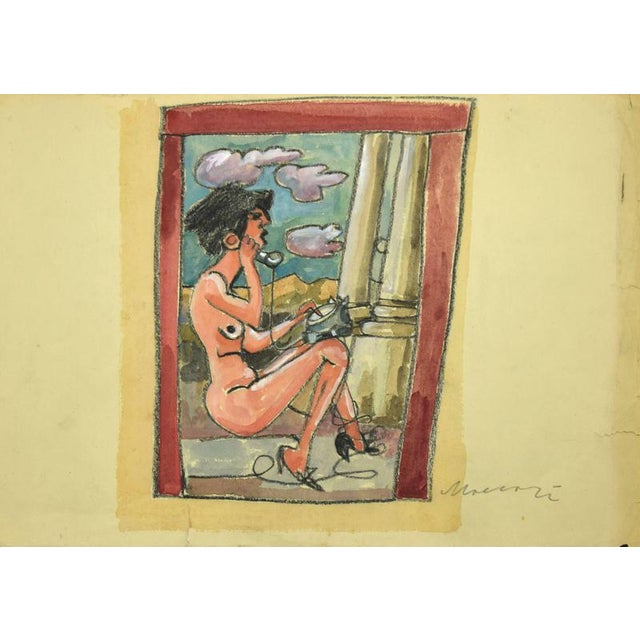 "The Phone" is an original hand colored drawing on ivory-colorated paper by Mino Maccari (1898-1989). Good condition...
