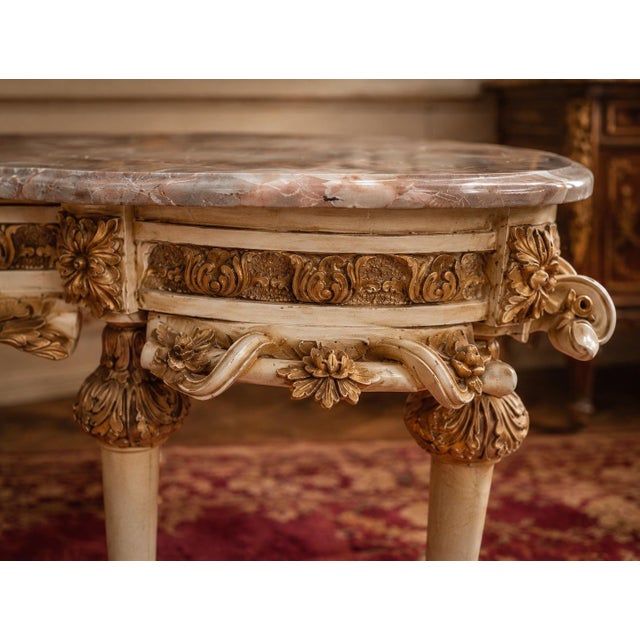 Wood 1980 French Artisan Louis XVI White Beech Marble Coffee Table For Sale - Image 7 of 12