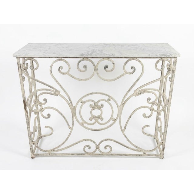 French Country Vintage French Country Whitewashed Wrought Iron Console Table With Marble Top For Sale - Image 3 of 12