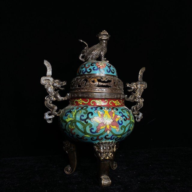 Traditional Vintage Cloisonné Enamel Dragon-Handled Tripod Censer With Qianlong Mark For Sale - Image 3 of 9