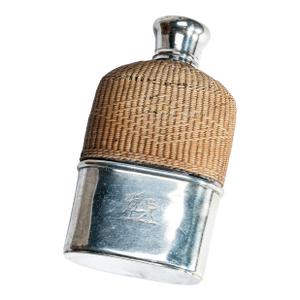 Charming Antique Sterling Silver Woven Rattan Victorian Armorial Coat of Arms Hip Flask