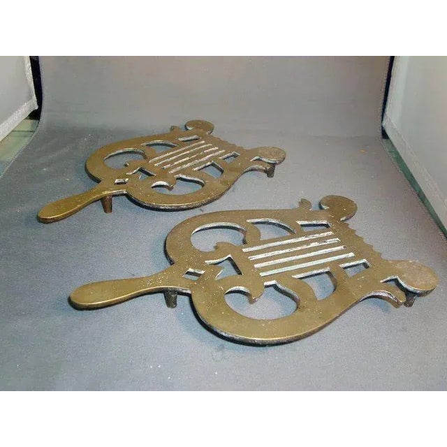 19th Century English Regency Brass Hand Cast Trivets in the form of Lyres or Harps - a Pair For Sale - Image 4 of 7