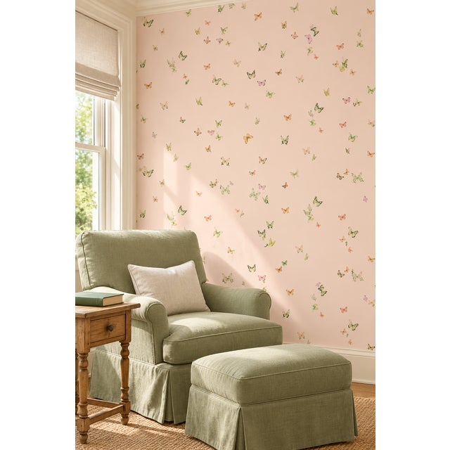 Chinoiserie Butterfly Grove Grasscloth Wallpaper by House Party | Pink Blush | 6 Yards For Sale - Image 3 of 10