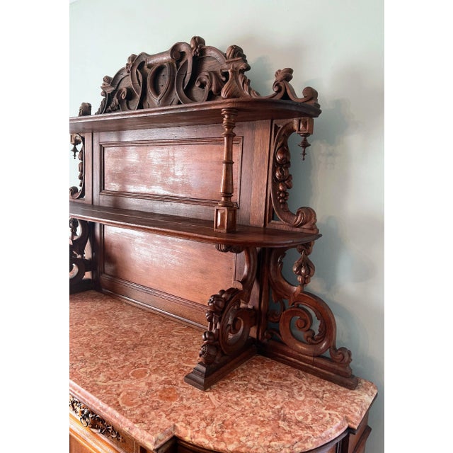 Early 20th Century Victorian Carved Oak Sideboard Buffet Cabinet With Marble Top For Sale - Image 4 of 10