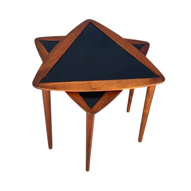 Pair of 1960s Danish Modern Teak Triangle End Tables With Black Laminate For Sale - Image 11 of 13