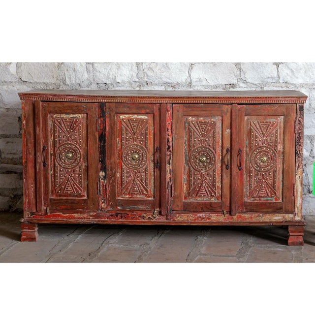 Antique Ornate Carved 4-Door Sideboard | Vintage Wood Buffet Credenza For Sale - Image 4 of 7