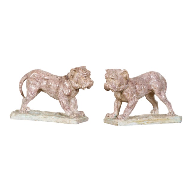 Pair of 19th Century French Faience Bulldog Sculptures on Terracotta Bases For Sale
