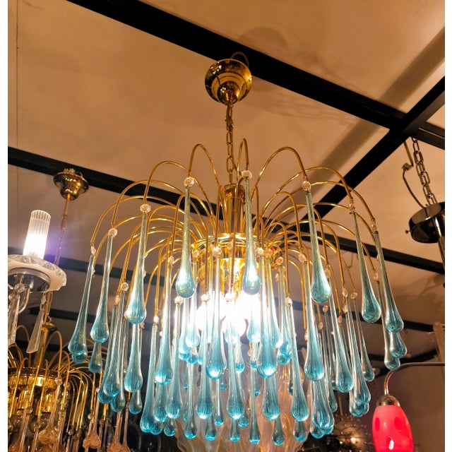 Vintage Gold Rain Chandelier with Handmade Murano Glass Blue Drop, Italy, 1960 For Sale - Image 9 of 13