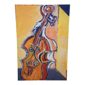 Marc Berlet Expressionist Cello Oil Painting on Board of an Orchestra Musical Instrument