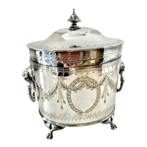 English Silver Plate Tea Caddy with Lion & Ring Handles