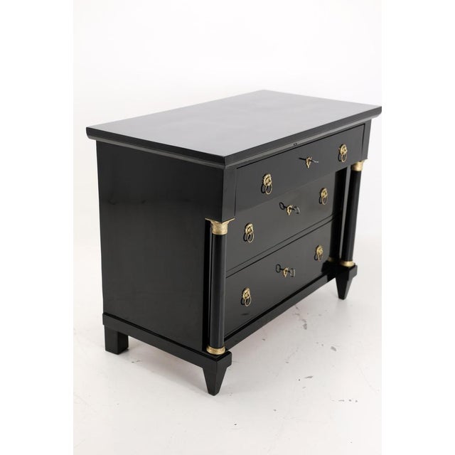 Classic Empire chest of drawers with 3 drawers, box locks, 3 keys, beautiful brass appliqués, simple ebonized original...