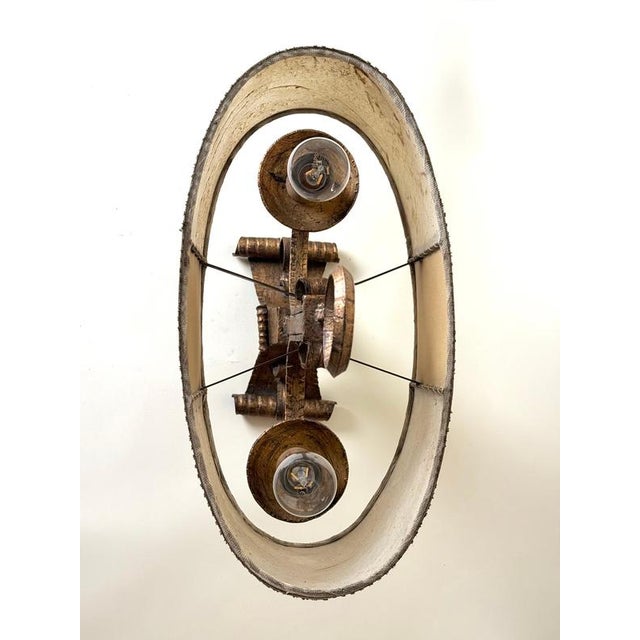 Metal Large Florentine Gilt Iron Two-Light Table Lamp with Leather and Tapestry Shade, 1950s For Sale - Image 7 of 18