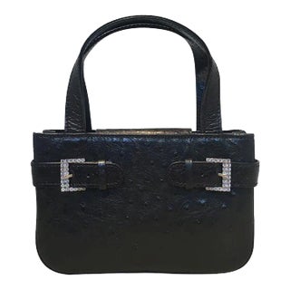 MCM Vintage Mini Black Ostrich Handbag with Diamante Buckles For Sale