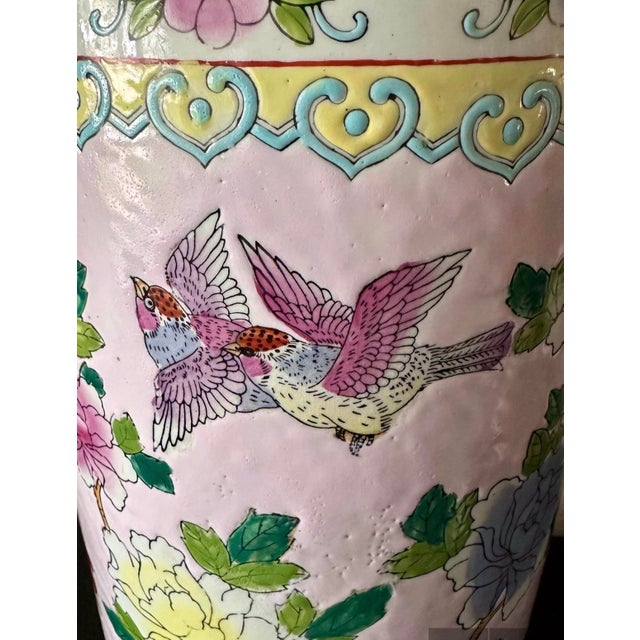 Mid-Century Pink Chinoiserie Hand Painted Floral and Bird Motif Umbrella Stand For Sale - Image 4 of 12