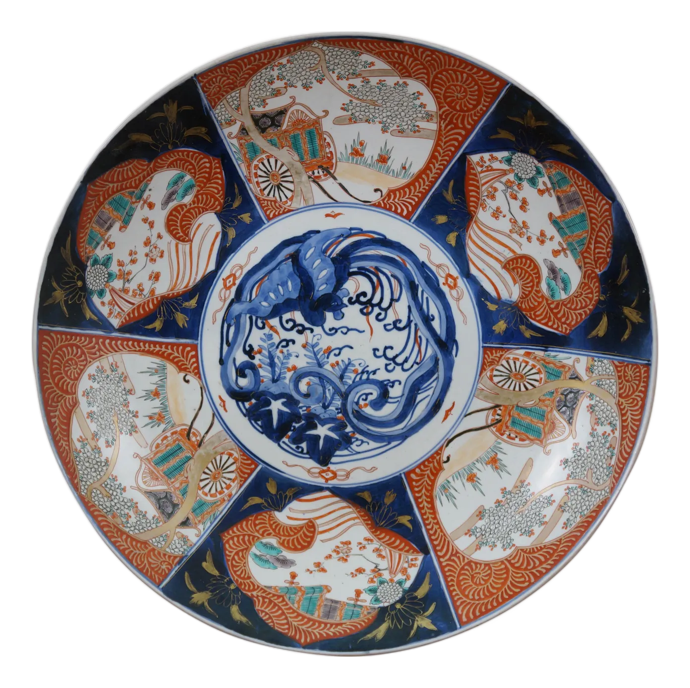 デコ姫様おとり置き✿TSUYOSHI NAGABUCHI レザーキャップ Antique Japanese Meiji Imari Porcelain Phoenix Rickshaw Platter