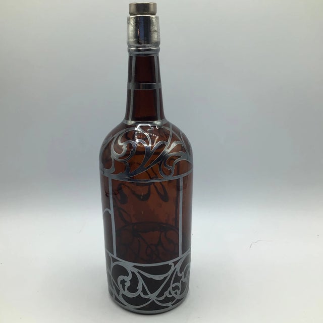 Art Nouveau Silver Overlay Rye Decanter Antique Art Nouveau Amber Glass by La Pierre For Sale - Image 3 of 13