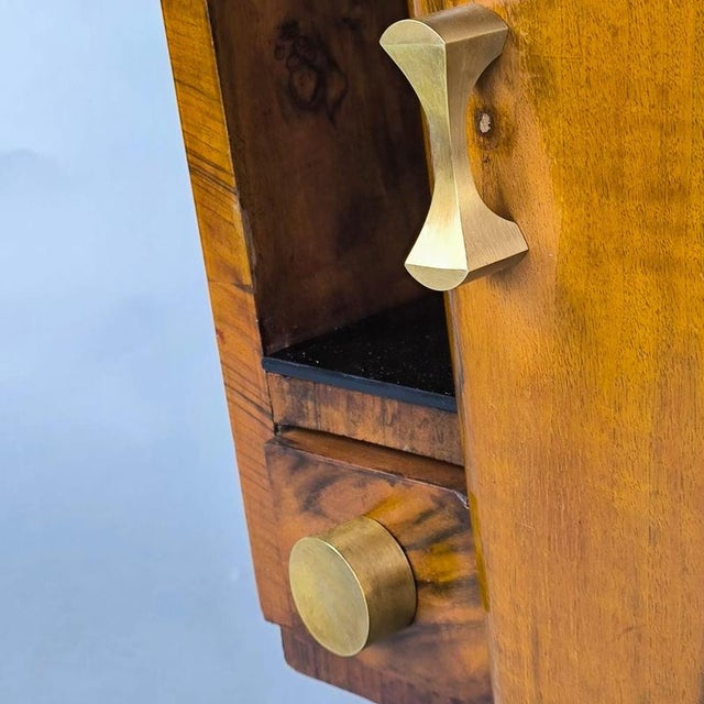 Metal Art Deco Walnut Bedside Tables with Black Glass Tops, 1940s, Set of 2 For Sale - Image 7 of 9