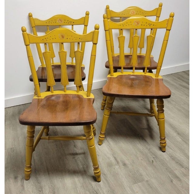Farmhouse Antique Temple-Stuart Mustard Painted Country Dining Chairs, Set of 4 For Sale - Image 3 of 14