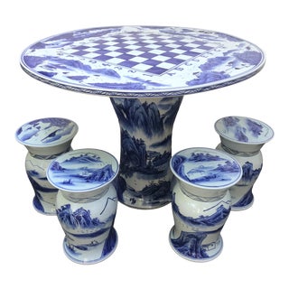 Blue & White Ceramic Game Table Set For Sale