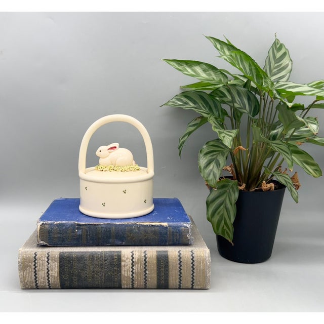 Charming vintage Fitz & Floyd ceramic bunny basket with sculpted rabbit finial, dated 1983 (MCMLXXXIII) with original...