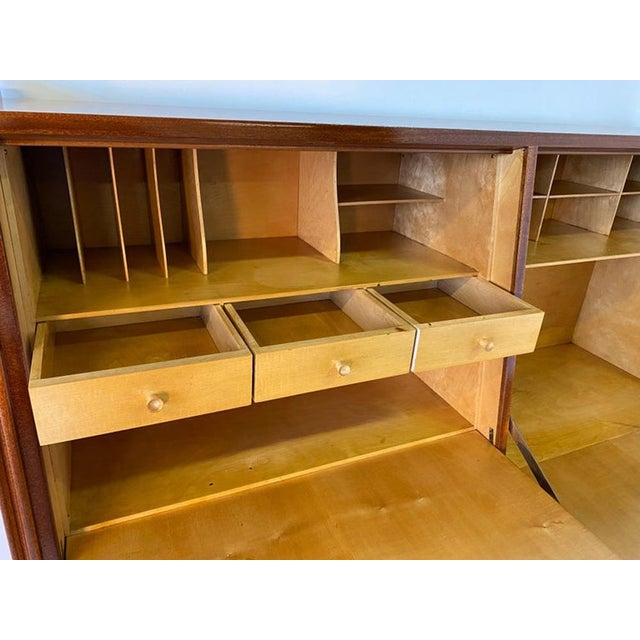 Italian Secretaire with Geometric Veneer and Carved Panels, 1950s For Sale - Image 10 of 12
