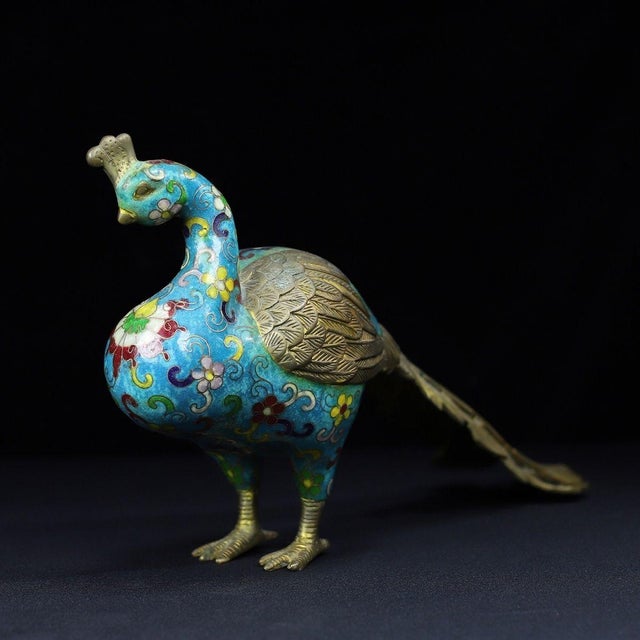 Vintage Cloisonné Enamel Peacock Figurine With Brass Accents For Sale - Image 4 of 10