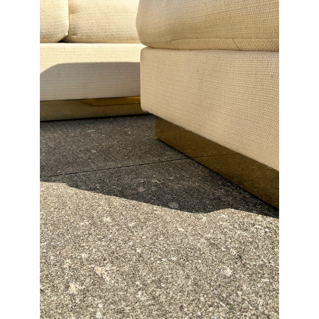 Wood 1970's Cream Wool Sectional Sofa on Polished Brass Plinth Base With Ottoman For Sale - Image 7 of 17