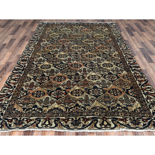 Traditional 1960s Colorful, Hand Knotted Vintage Persian Bakhtiar With Repetitive Diamond Garden Design, Distressed Wool, Rug For Sale - Image 3 of 13