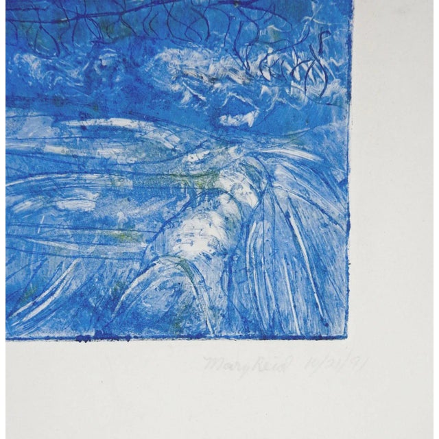 Vintage 1991 abstract botanical etching on paper in blue by Mary Reid (20th century) Texas. Faintly signed, dated and...