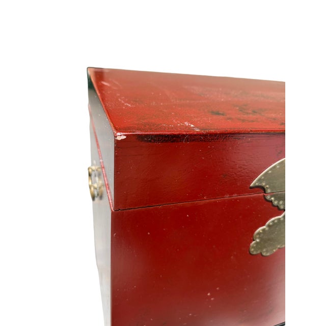 Antique Chinese Raised Red Tansu Box With Brass Butterfly Hardware For Sale - Image 11 of 12