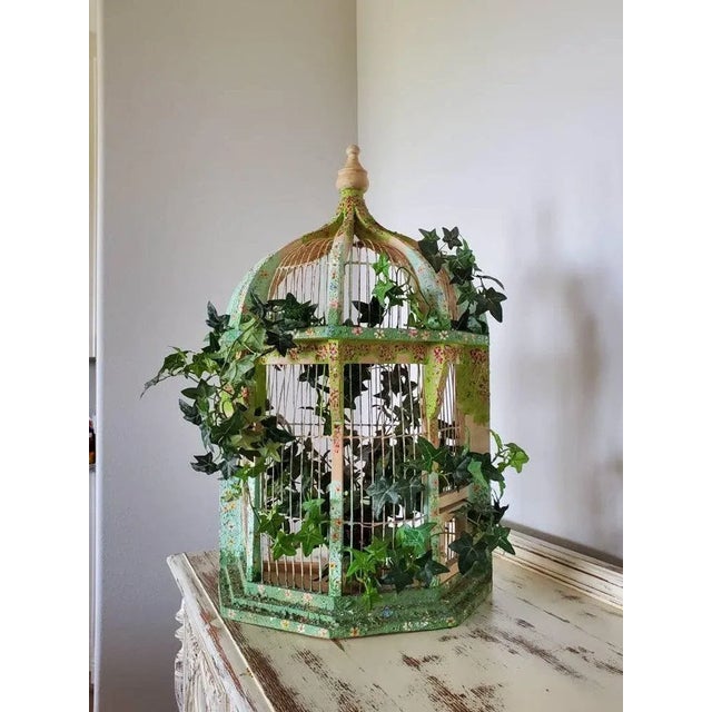 Late 20th Century Whimsy Chic Decorative Distressed Painted Bird Cage For Sale - Image 5 of 11