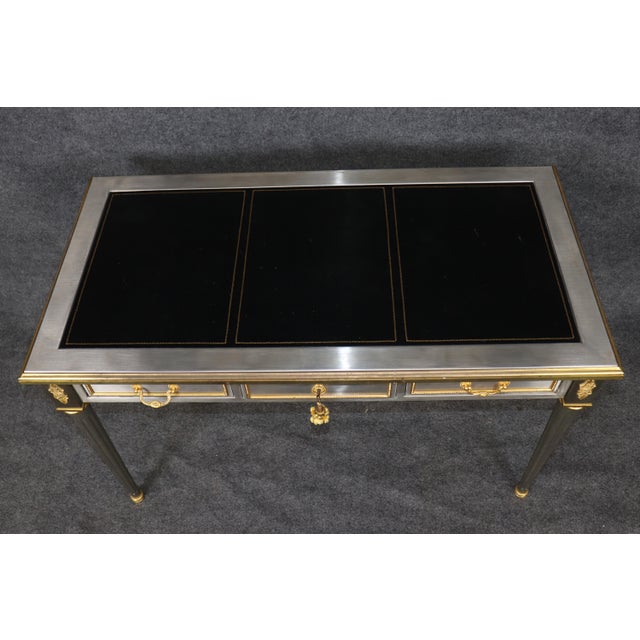 French Stunning 1960's Louis XVI Style John Vesey Steel and Bronze Writing Desk Leather For Sale - Image 3 of 18