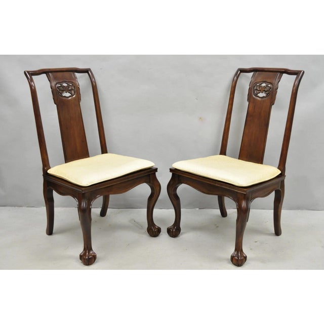 Vintage Drexel Heritage Oriental Chinese Style Carved Solid Mahogany Dining Side Chairs with Ball and Claw Feet - Set of...
