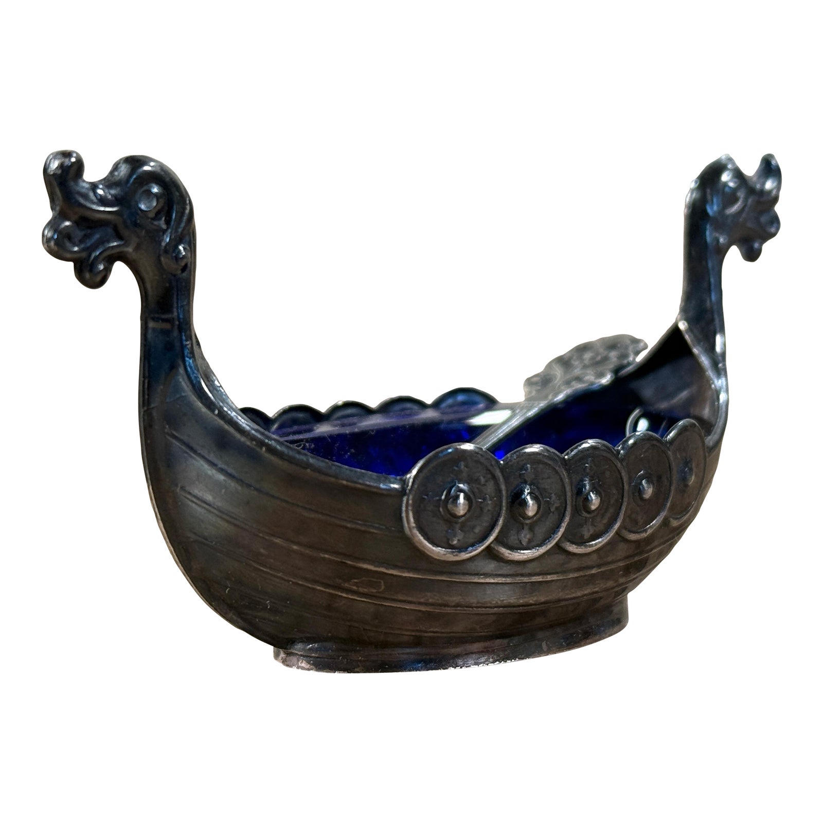 Vintage Sterling Silver Salt Cellar in Figural Viking Ship & Shield Motif