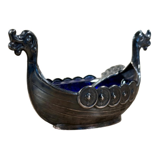 Vintage Sterling Silver Salt Cellar in Figural Viking Ship & Shield Motif For Sale