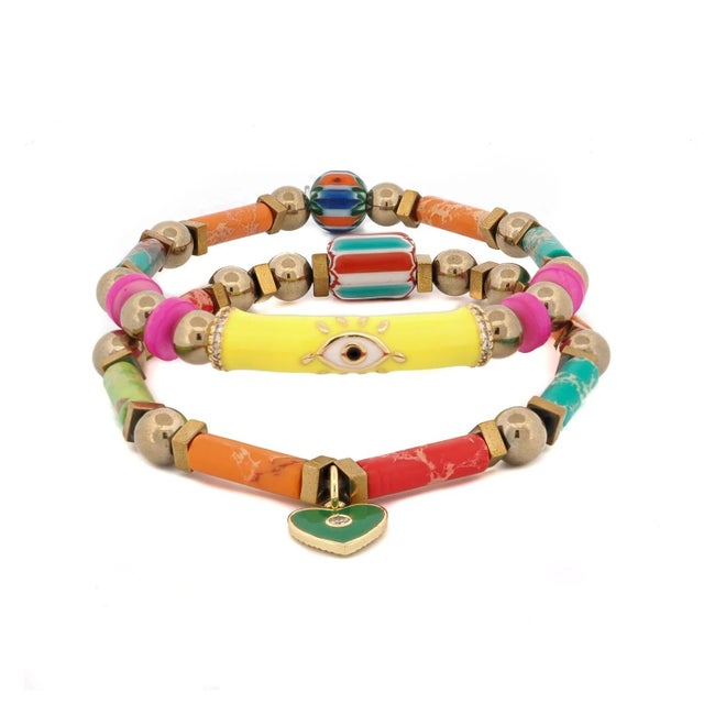 Colorful Jasper Guardian Evil Eye & Heart Charm Bracelet Set For Sale In Miami - Image 6 of 6