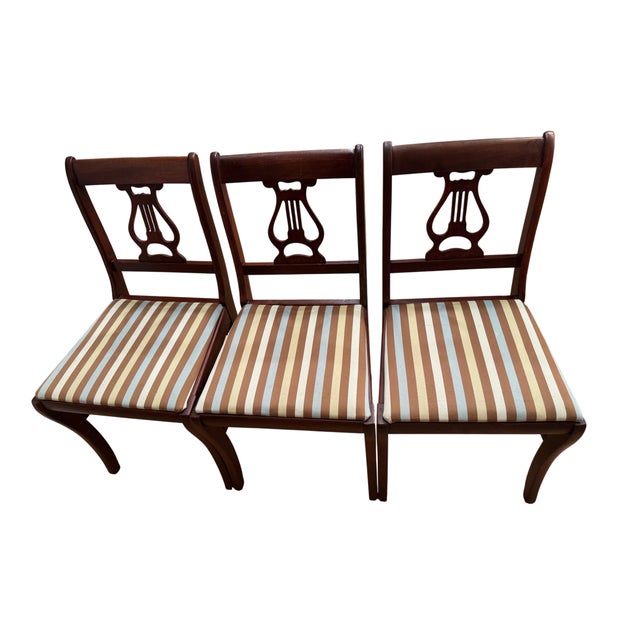 Early 20th Century Lyre Back Pinstripe Dining Chairs, Set of 3 For Sale In Portland, OR - Image 6 of 10