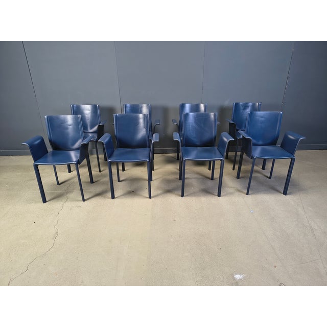 Blue Vintage Blue Leather Dining Chairs, Italy, 1980s, Set of 8 For Sale - Image 8 of 12