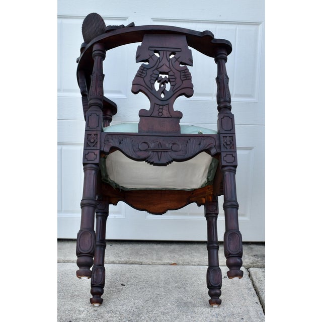 Carved Mahogany Corner Chair Vintage Renaissance Style Figural Face Upholstered For Sale - Image 17 of 17