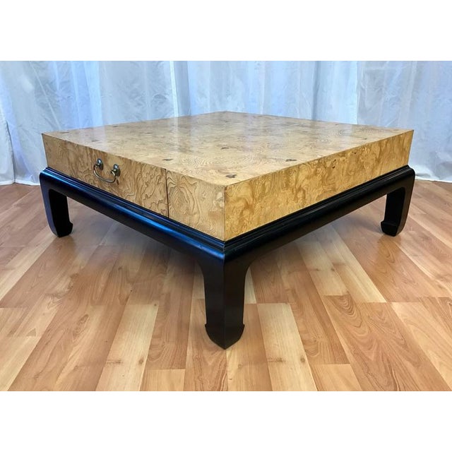 Burl Veneer Wood Coffee Table With Drawers Attributed to Henredon