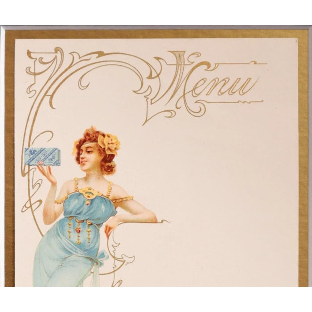 Art Nouveau 1900 Original French Advertising Menu (Woman in Blue Dress Holding Blue Box) Matted For Sale - Image 3 of 5