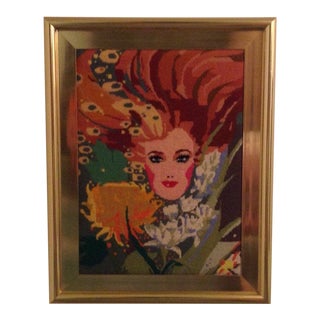 Vintage Needlepoint Wall Art 1970s Large 28 X 22 Framed Mod Woman For Sale