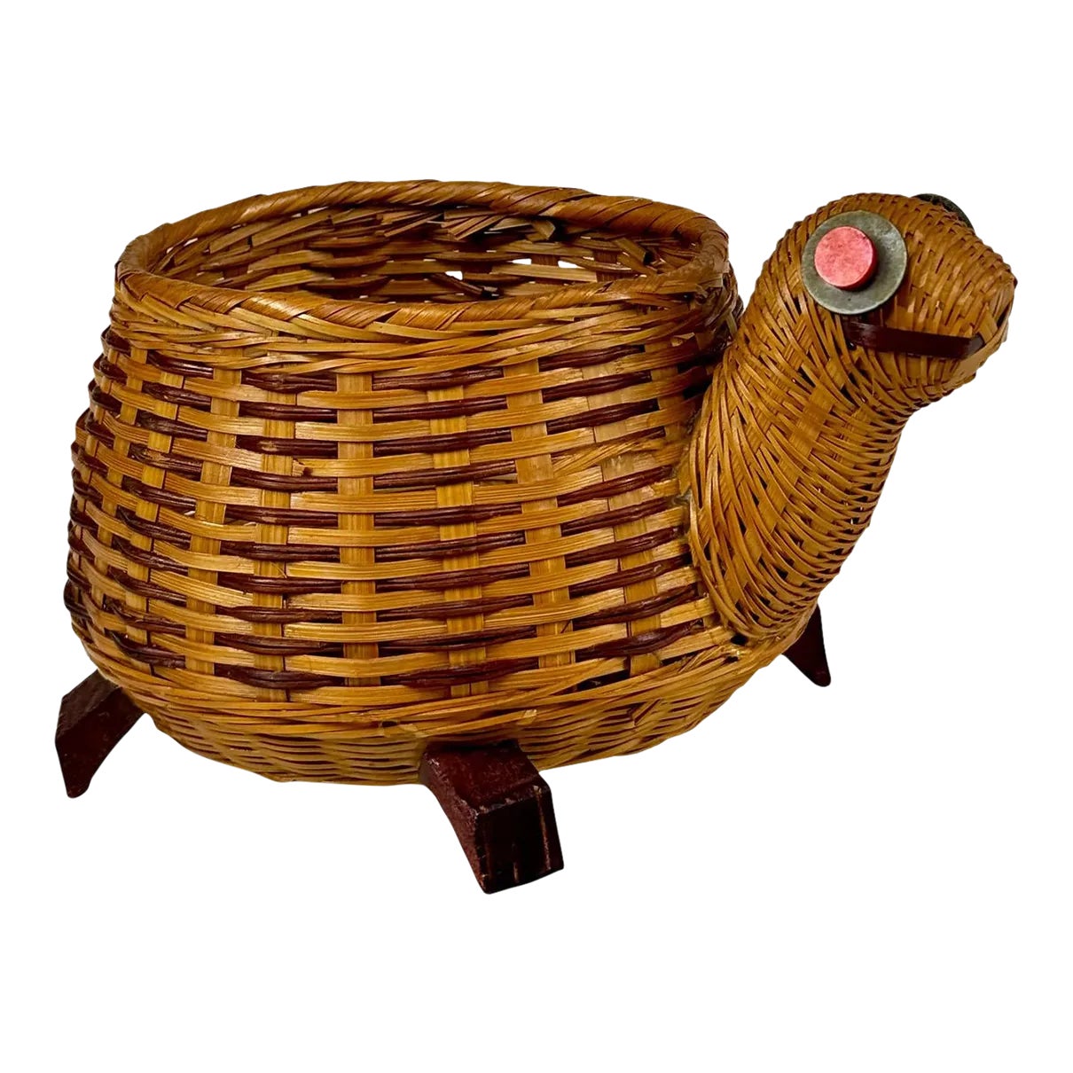 Vintage Boho Natural Wicker Figural Turtle Planter | Chairish