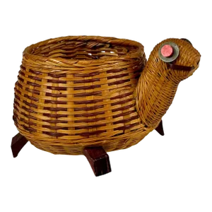 Vintage Boho Natural Wicker Figural Turtle Planter