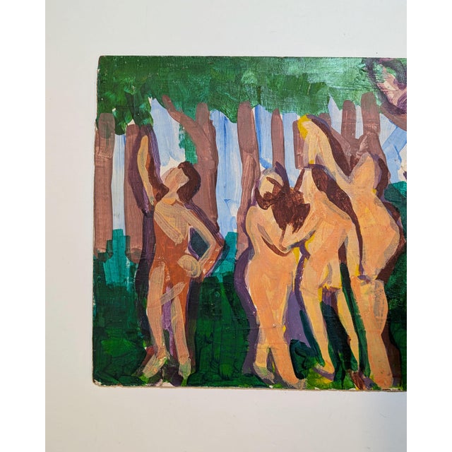 Striking vintage expressionist figure painting on board, measuring 21 inches wide by 11 inches high. Mid-20th century,...