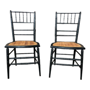 19th Century Pair of Antique English Faux Bamboo Black Painted Cane Seat Dining Side Chairs