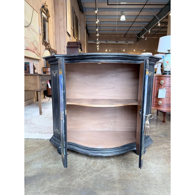 Wood Vintage Italian Hand Painted Curved Front Cabinet in Distressed Black For Sale - Image 7 of 10